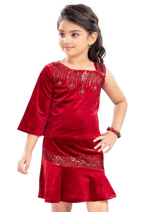 Maroon Party Wear Velvet Top And Skirt With Handwork Design Patch #7784