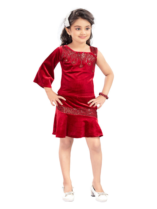 Maroon Party Wear Velvet Top And Skirt With Handwork Design Patch #7784