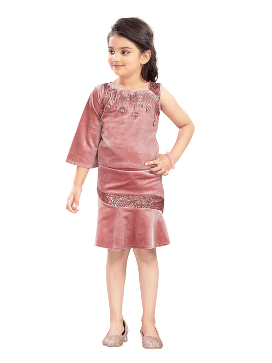 Pink Party Wear Velvet Top And Skirt With Handwork Design Patch #7784