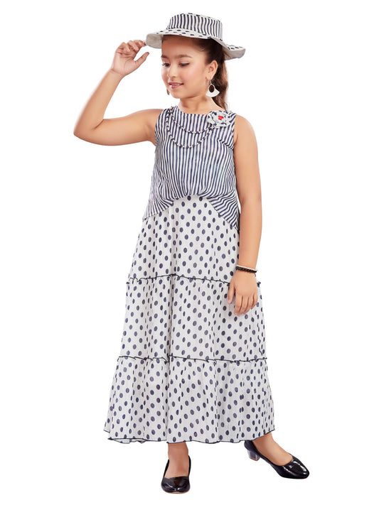 White And Blue Dotted and Striped Long Dress With Hat #6388