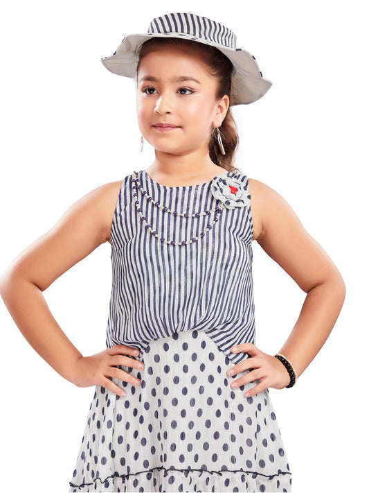 White And Blue Dotted and Striped Long Dress With Hat #6388