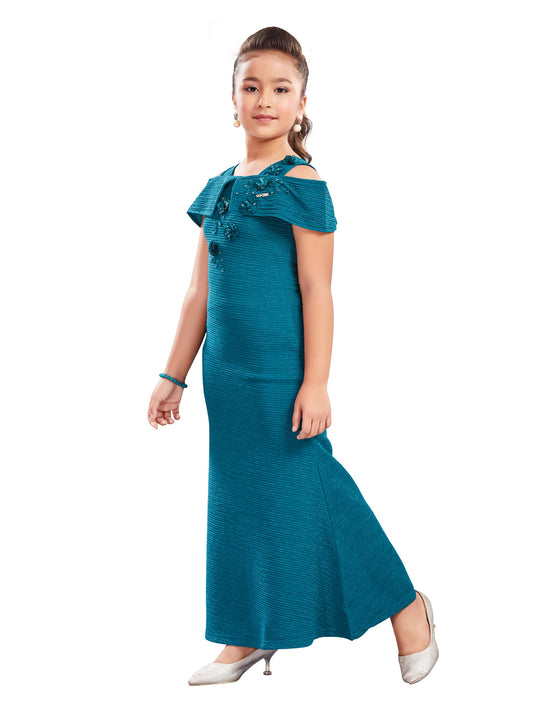 Blue Off-Shoulder Girls Party Wear Long Dress #6311