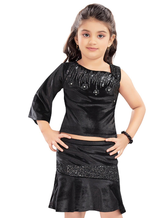 Black Party Wear Velvet Top And Skirt With Handwork Design Patch #7784
