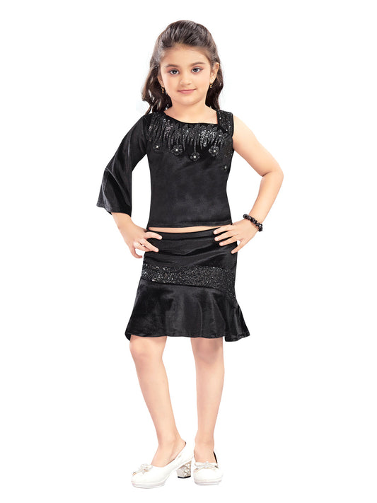 Black Party Wear Velvet Top And Skirt With Handwork Design Patch #7784