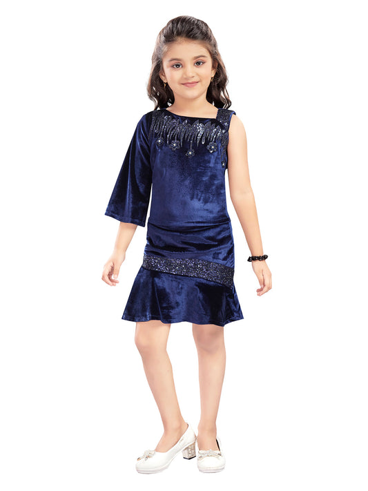 Navy Party Wear Velvet Top And Skirt With Handwork Design Patch #7784
