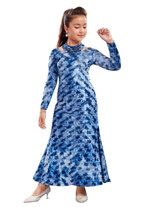 Blue Velvet Full Sleeves Long Dress with Necklace #6334