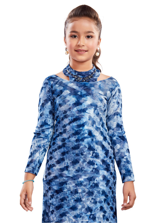 Blue Velvet Full Sleeves Long Dress with Necklace #6334