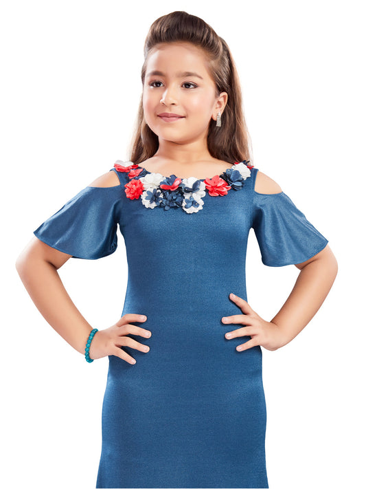 Blue Party Wear Gown with Floral Applique Design #6271