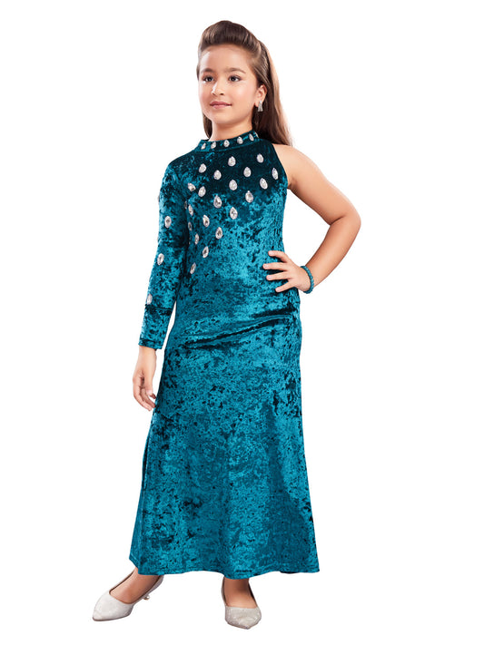 Blue Long Dress with One Side Sleeve #6454