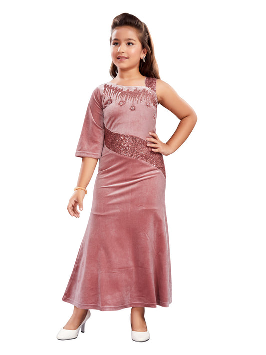Pink Long Party Wear Gown With One Side Sleeve #6464