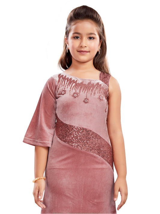 Pink Long Party Wear Gown With One Side Sleeve #6464