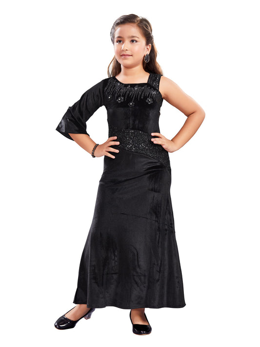 Black Long Party Wear Gown With One Side Sleeve #6464