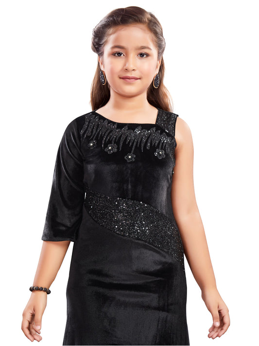 Black Long Party Wear Gown With One Side Sleeve #6464