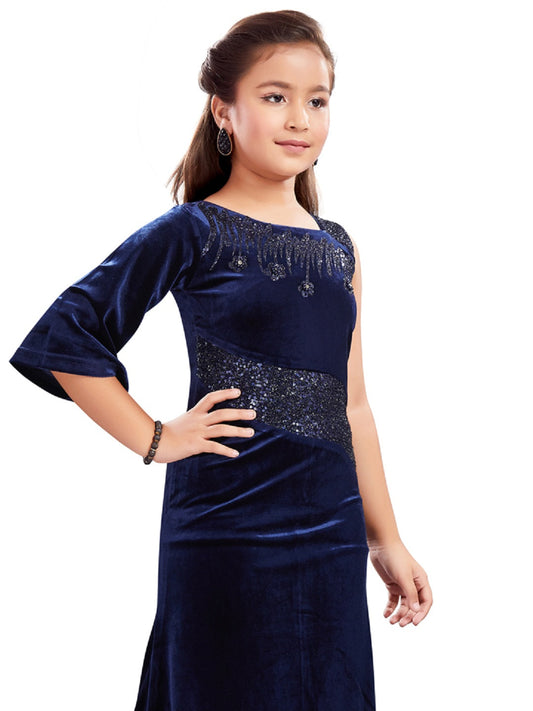 Blue Long Party Wear Gown With One Side Sleeve #6464