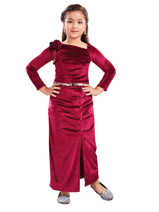 Maroon Long Full Sleeve Dress With Golden Dots and Belt #6515