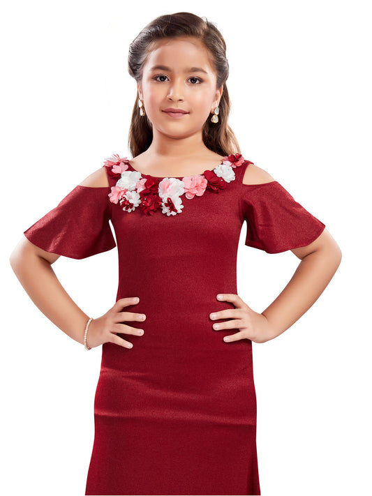Maroon Party Wear Gown with Floral Applique Design #6271