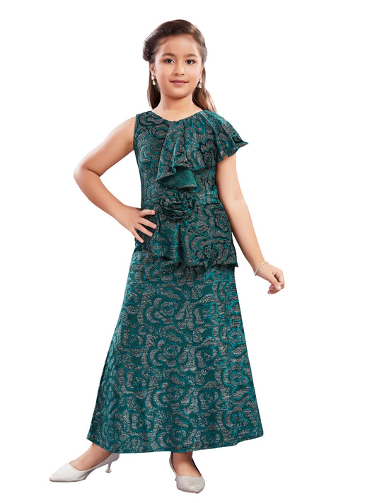 Green Brasso Fabric Long Midi Gown #6555