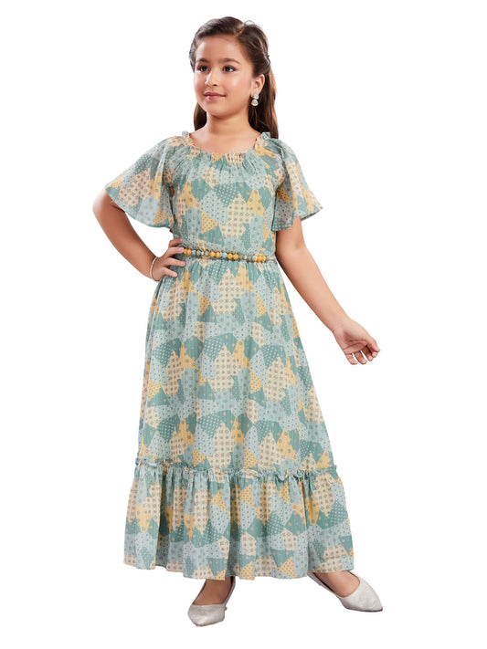 Green Printed Long Dress With Belt #6403