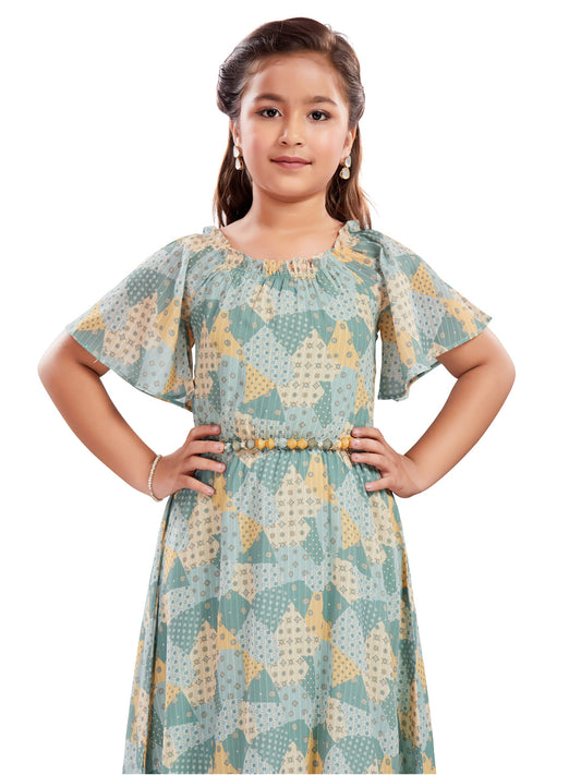 Green Printed Long Dress With Belt #6403