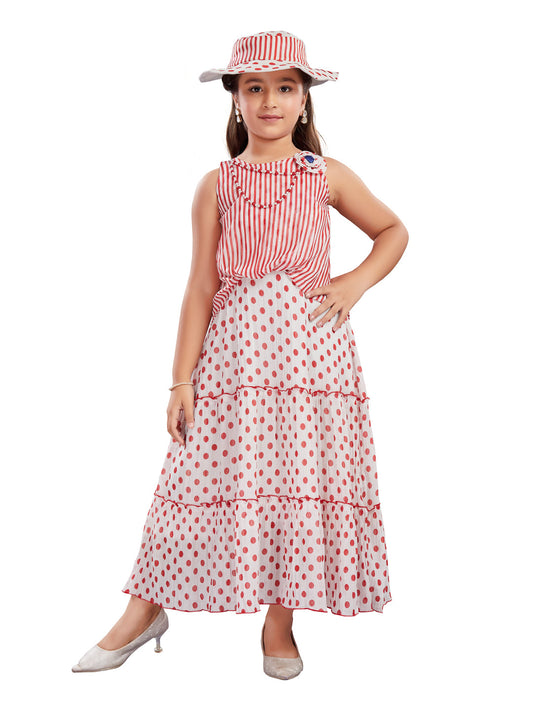 White And Red Dotted and Striped Long Dress With Hat #6388