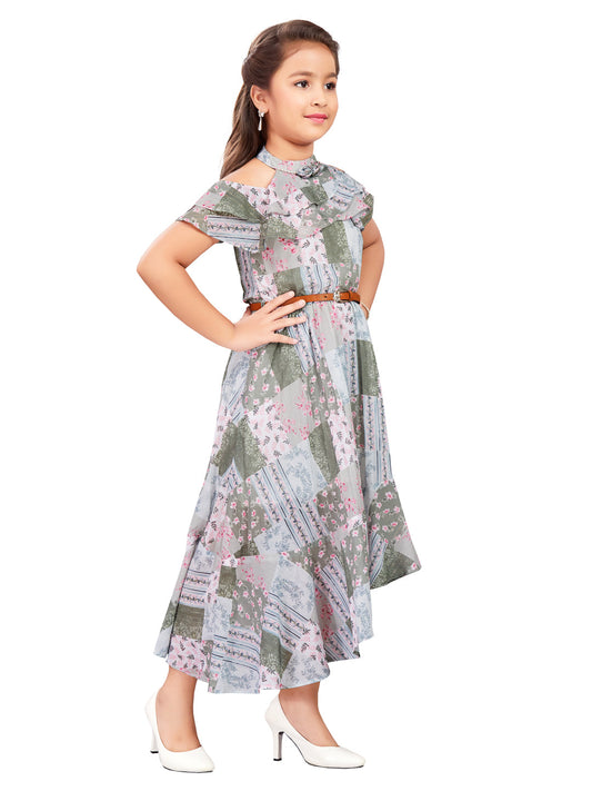 Green Floral Printed Frock With Belt #6411