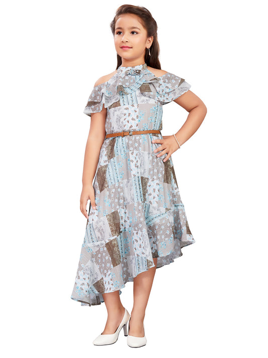 Blue Floral Printed Frock With Belt #6411