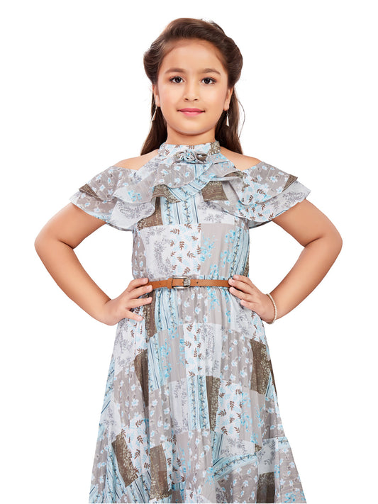 Blue Floral Printed Frock With Belt #6411