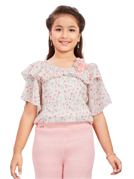 Floral White Top and Pink Palazzo Set #1550