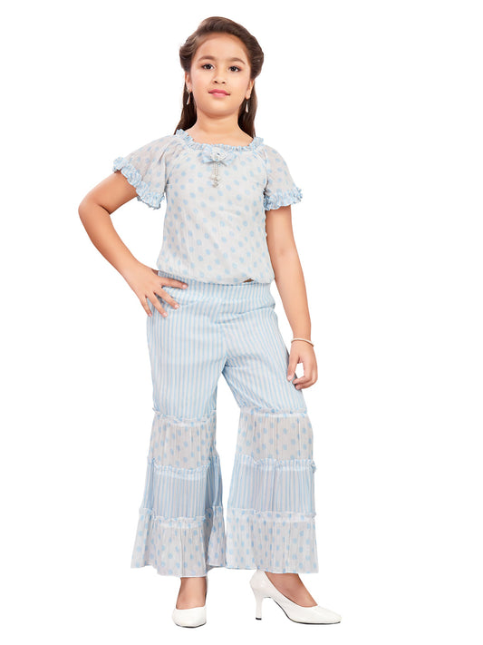 White Top and Palazzo Set with Blue Dots and Stripes #1547