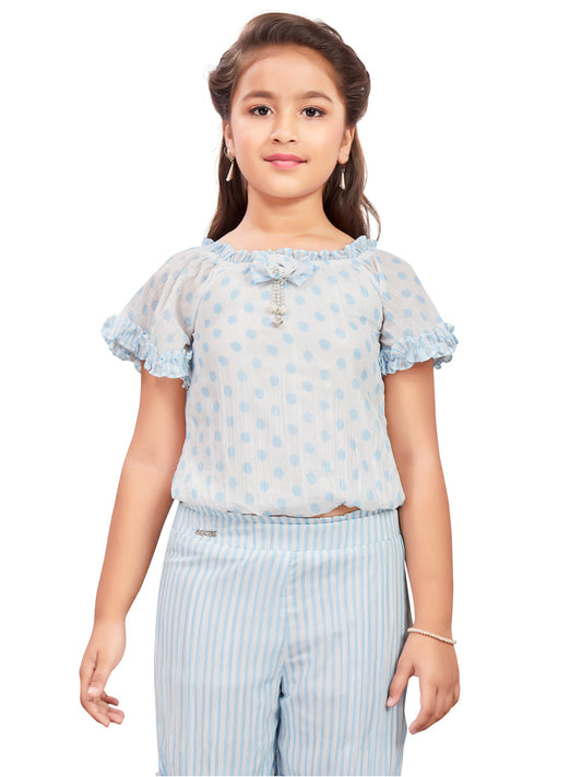 White Top and Palazzo Set with Blue Dots and Stripes #1547