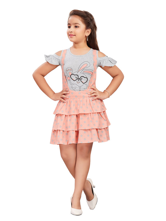 Peach Dungree Style Skirt With Polka Dots #7603