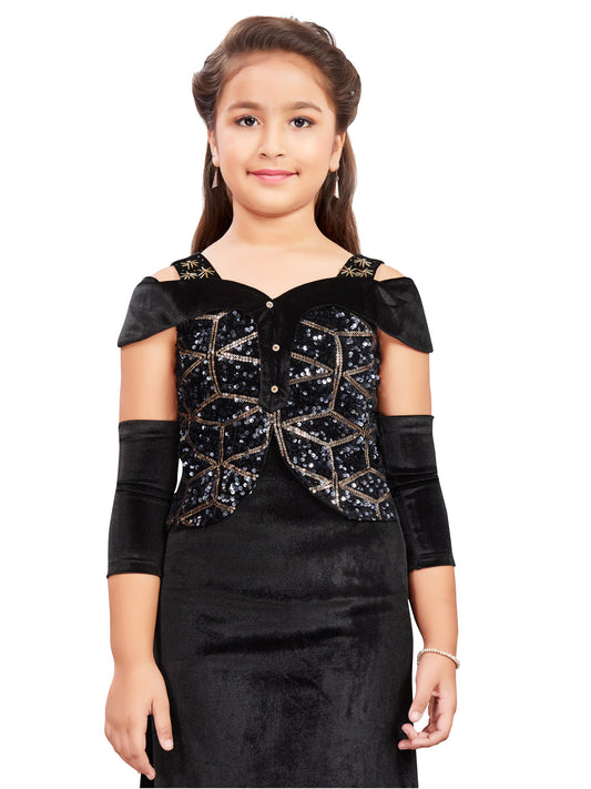 Black Party Wear Long Midi with Multi Coloured Sequins and Gloves #6520