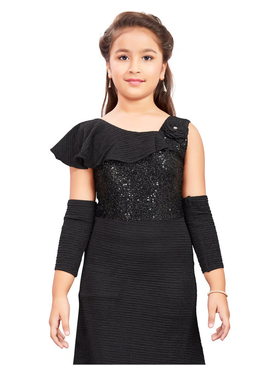 Black Long Dress with Sequins Patch And Gloves #6352