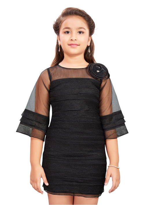 Black Net Fabric Short Midi Dress #6494