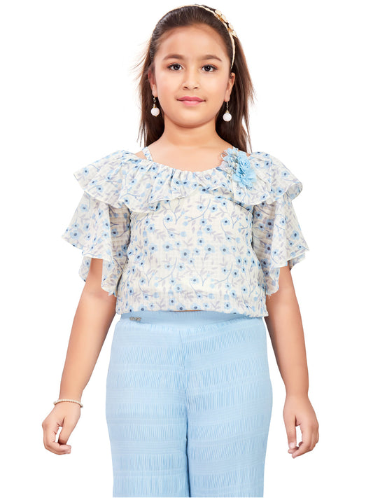 Floral White Top and Blue Palazzo Set #1550