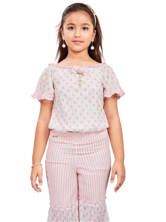 White Top and Palazzo Set with Pink Dots and Stripes #1547