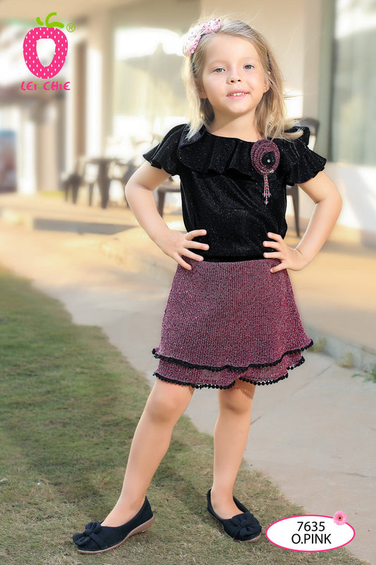 Black Shiny Top and Onion Pink Skirt #7635
