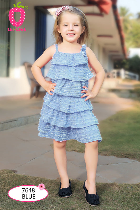 Blue Flary Skirt and Top with Floral Applique Design #7648