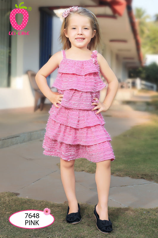 Pink Flary Skirt and Top with Floral Applique Design #7648