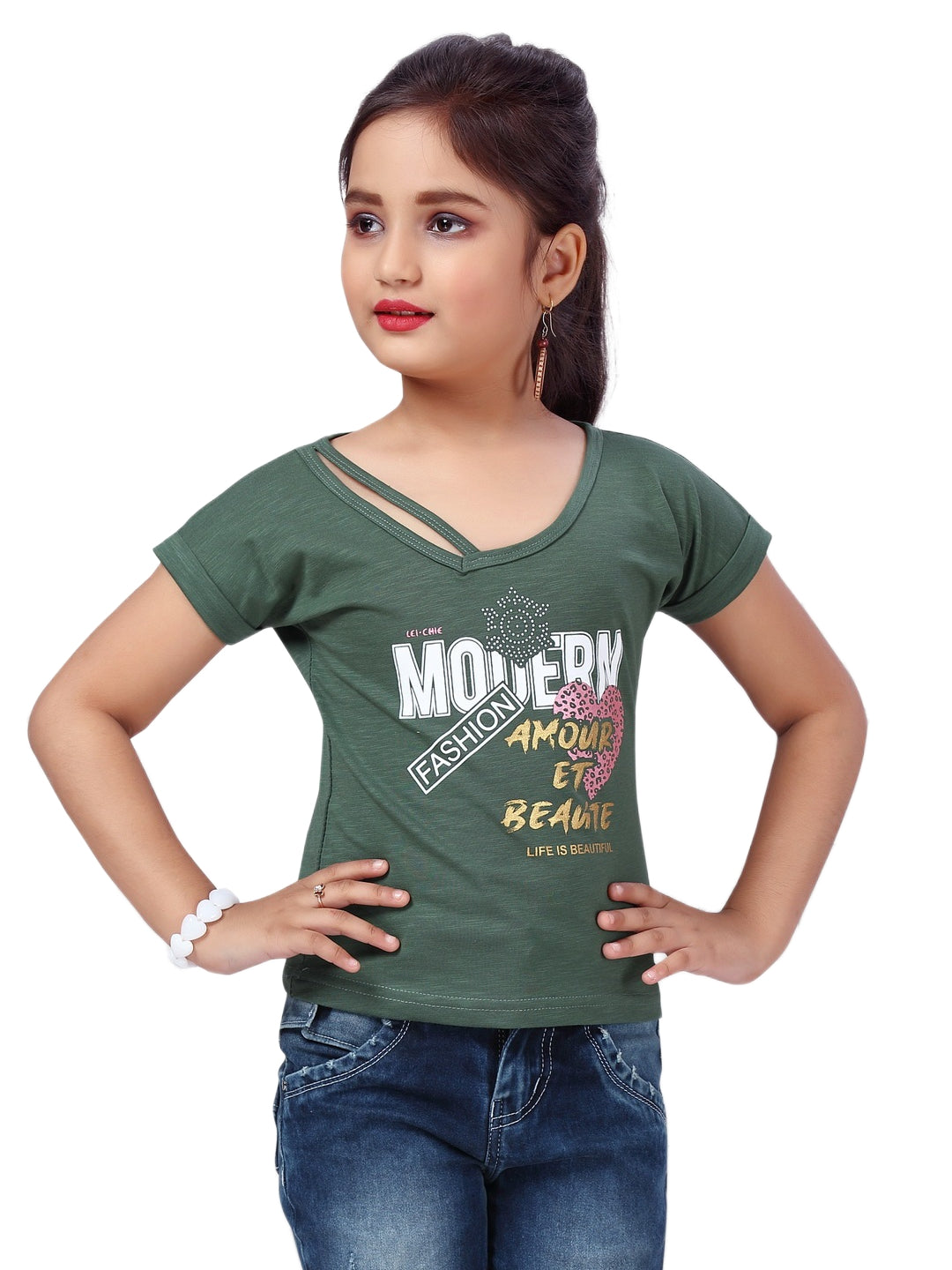 Fancy V-neck Typography Printed Green Top #2063