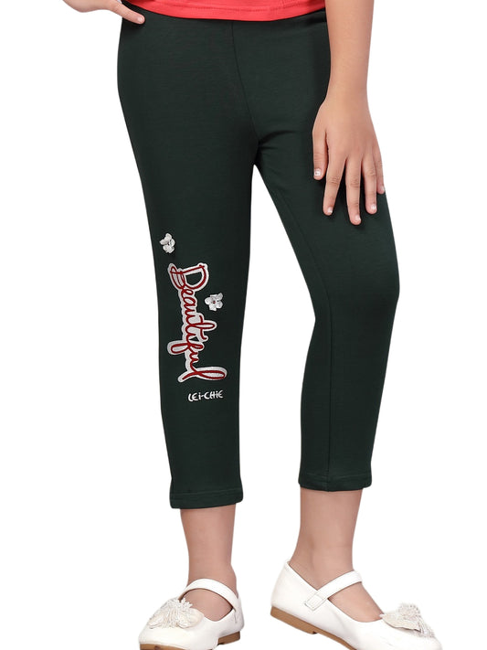 Beautiful Floral Applique Green Girls Jeggings